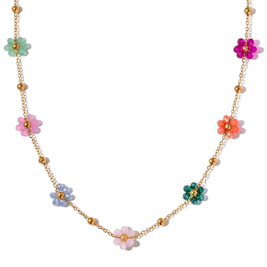 Elegant Crystal Flower Necklace/Bracelet for Women Gold Color Bead Chain Statement Jewelry Fashionable Accessories