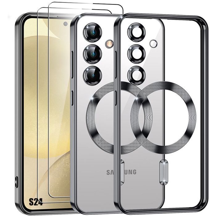 Coque de protection - BOOLING - pour Samsung Galaxy S24 - Noir - Anneau Magnétique - 2 Verres Trempés