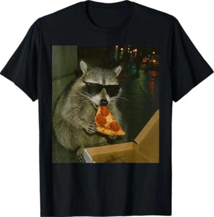 Funny Raccoon Eating Pizza Animal Meme 100% Cotton T-shirt Mens Tees Top