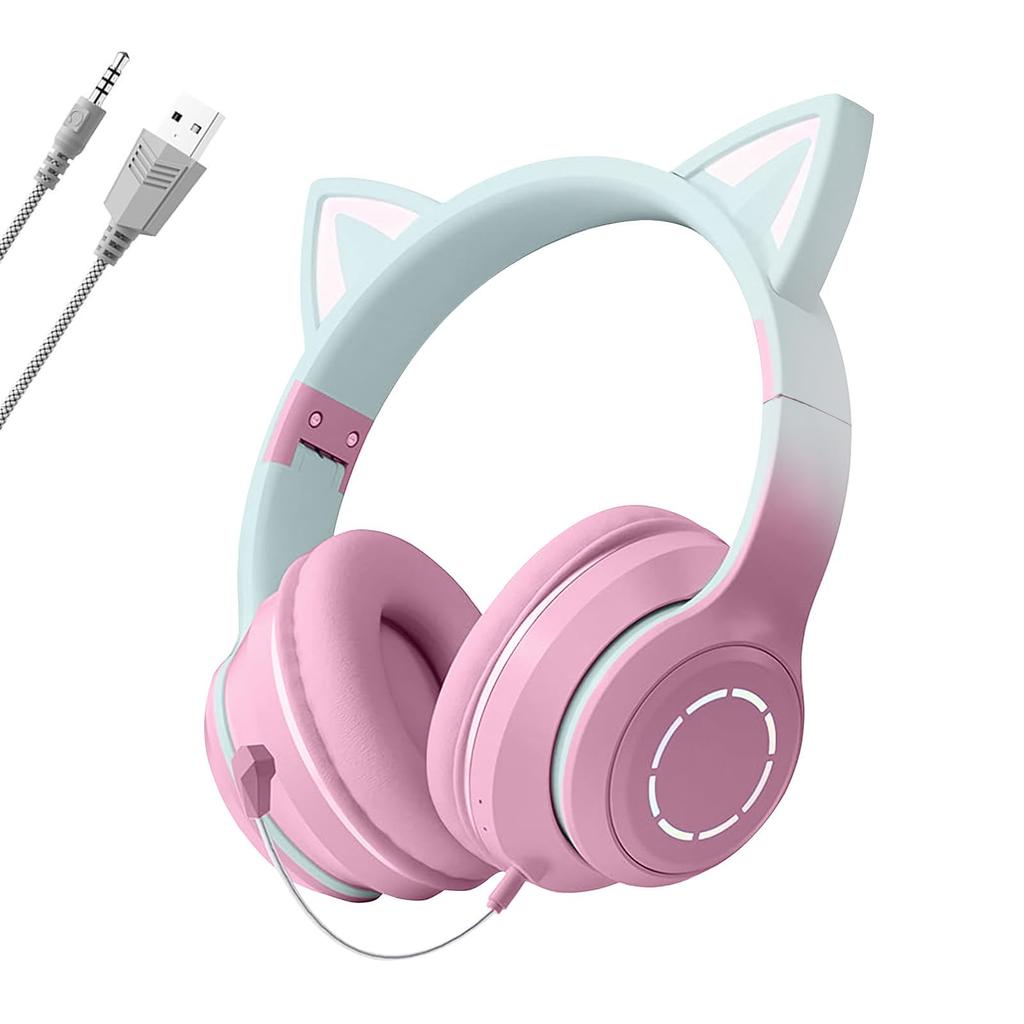 Cute Cat Ear Headphones for Kids, Bluetooth 5.1, with LED, Rainbow Color Transformation, Wireless, and Microphone, Closed-Back Design, Cute,