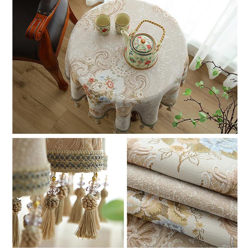 Элегантный маленький большой круглый обеденный стол с цветочным принтом и кисточками, бежевая кофейная скатерть для вечеринки, декоративная жаккардовая скатерть для круглого стола