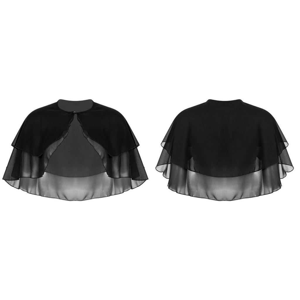 Women Elegant Pure Color Chiffon Shawl Cape Ruffle 2-Layer Chiffon Wraps Bolero Dress Accessory for Party Wedding