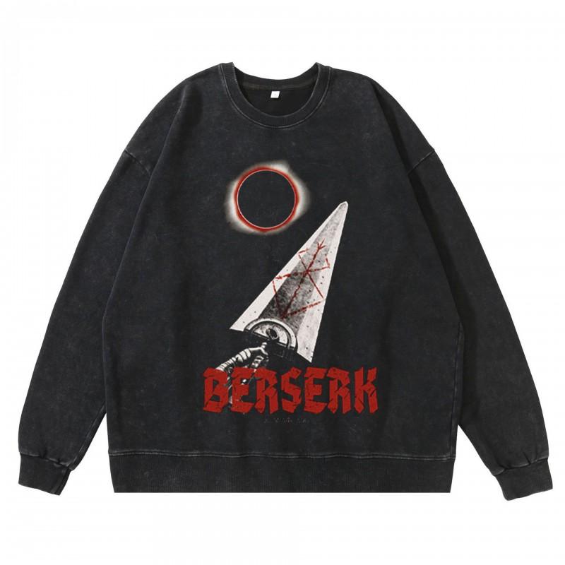Heavyweight 360g Washed Vintage Berserk Anime Streetwear Cotton Pullover Hoodie Men
