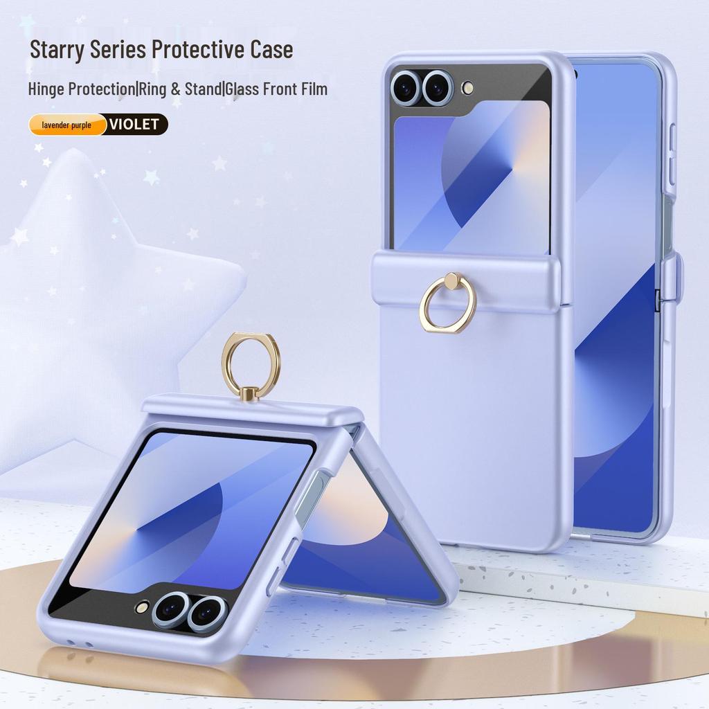 Противоударный чехол для телефона Samsung Z Flip7/6/5 с кольцом-подставкой на 4/3 пальца и пленкой с полным покрытием