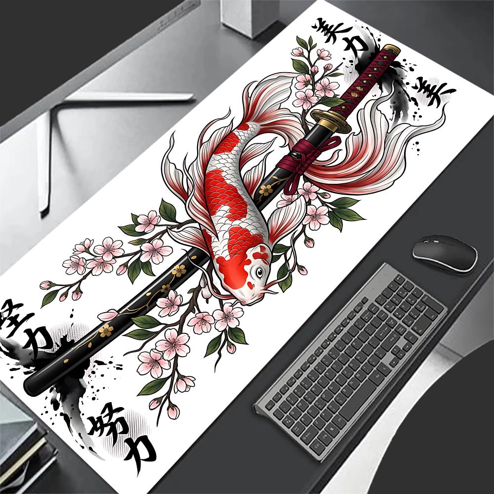 Koi Fish Sakura Katana Mouse Pad Large Computer Office Game Table Mat Rubber Anti-slip Stitched Keyboard Mat 90x40 XXL Desk Pads