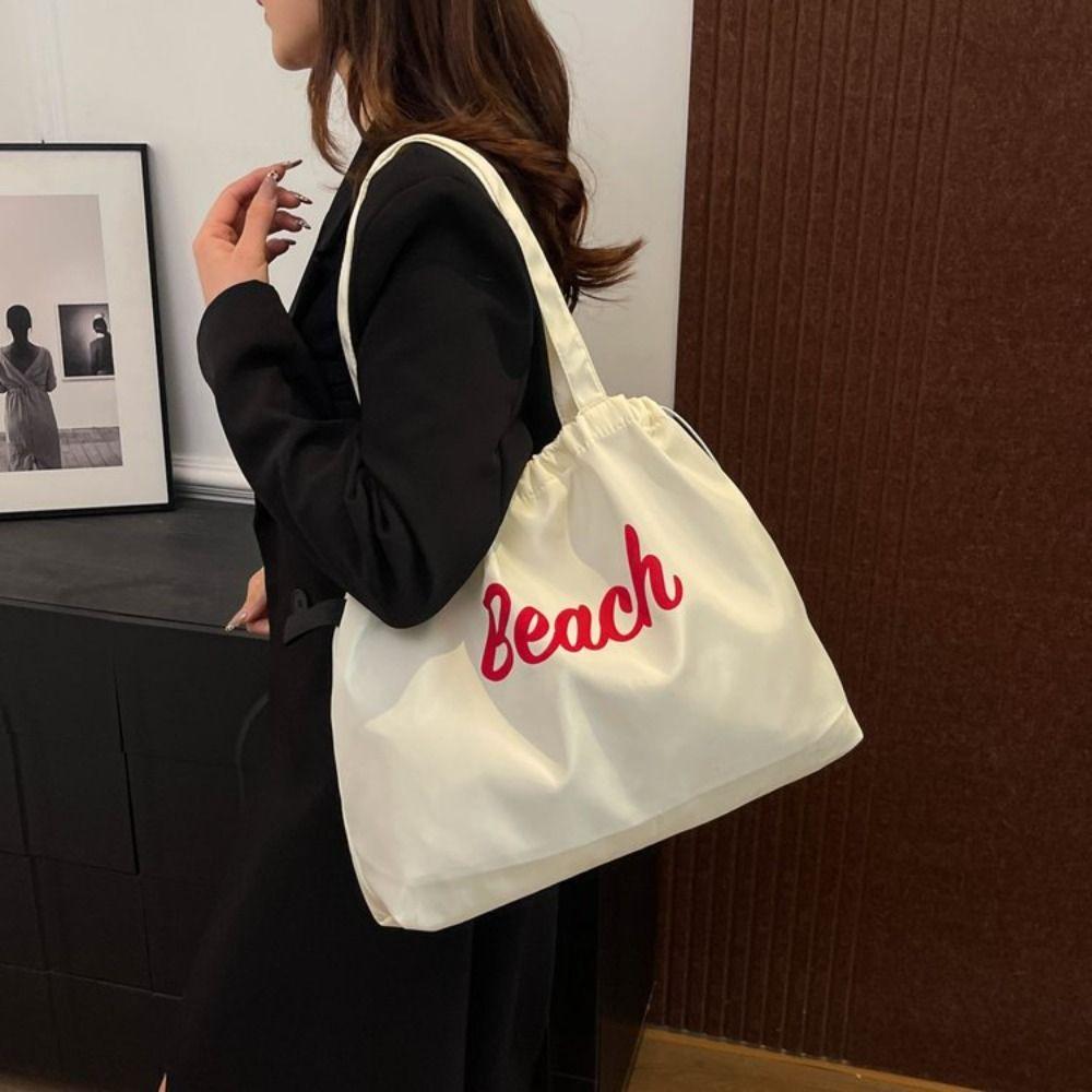 Korean Style Drawstring Tote Bag Canvas Letter Printed Handbag Casual Nylon Shoulder Bag School