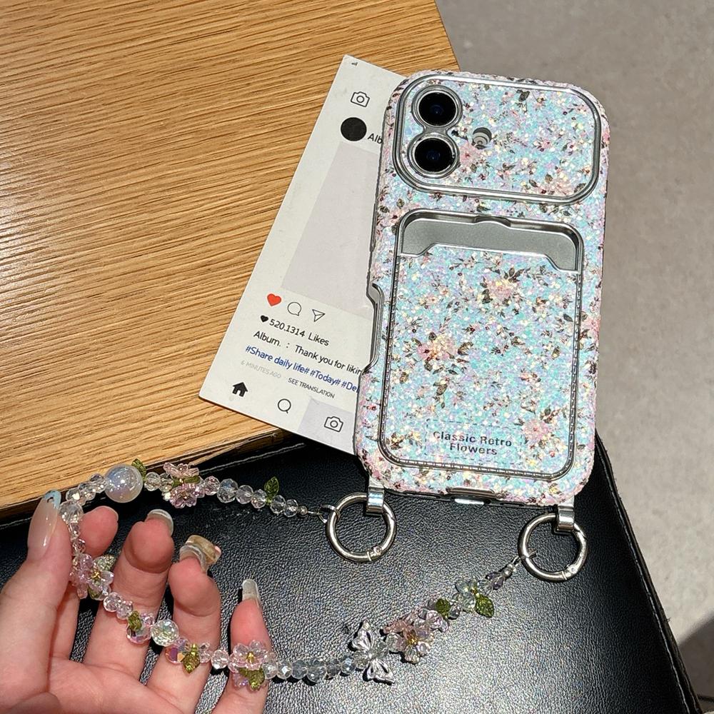 KEYSION Женский Девичий Чехол для Телефона с Цветком для iPhone 14 15 16 17 Pro Max с Карманом для Карт, Противоударная Крышка с Цепочкой-Браслетом из Бусин