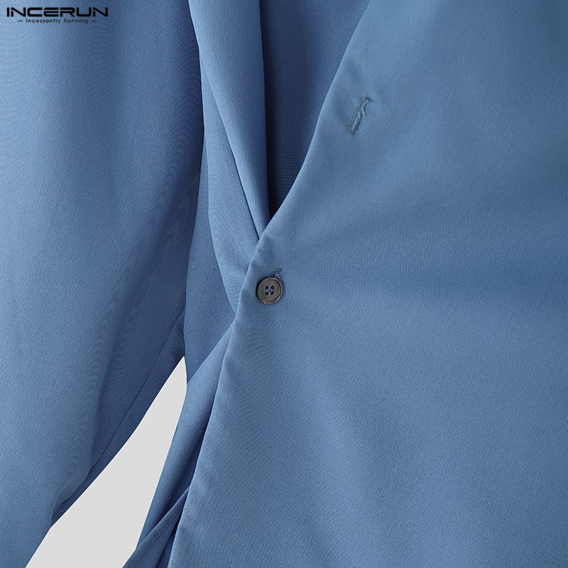 INCERUN S-5XL Мужские повседневные рубашки с воротником-стойкой, длинным рукавом и боковыми пуговицами