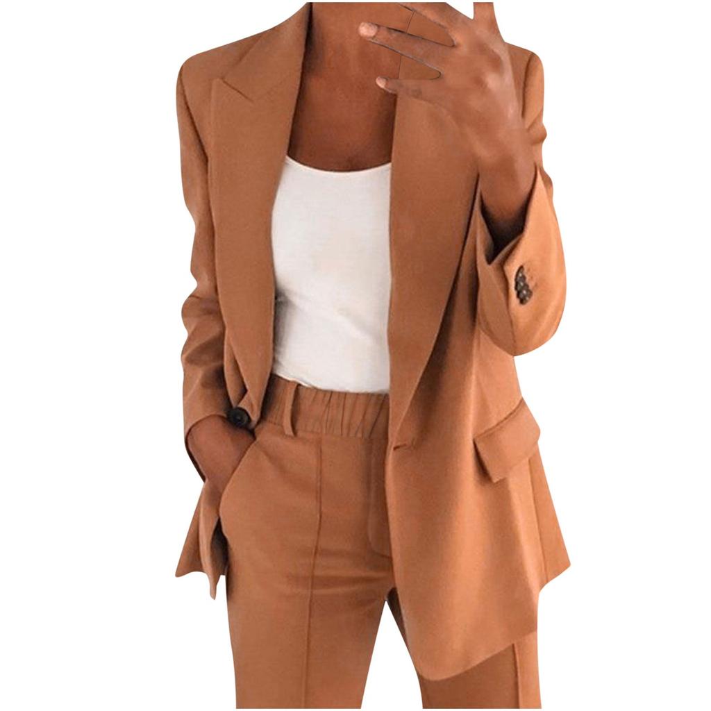 Women's Casual Long Sleeve Solid Color Lapel Cardigan Suit Jacket Pants Suit