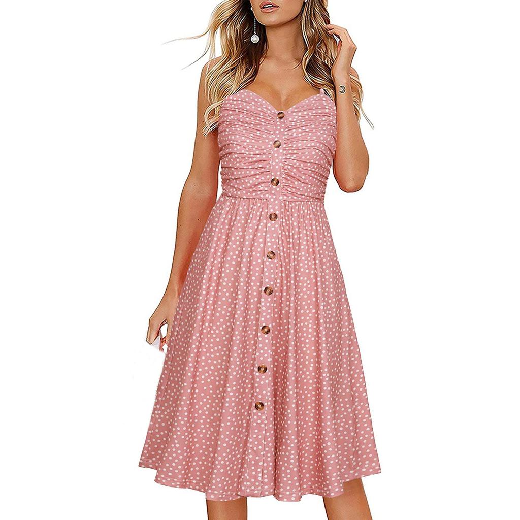 Fashion Women's Casual V-Neck  Printed Button Straight Knee Length Dress