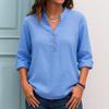 Women's Fashionable Solid Color V Neck Button Long Sleeved Casual Shirt Top
