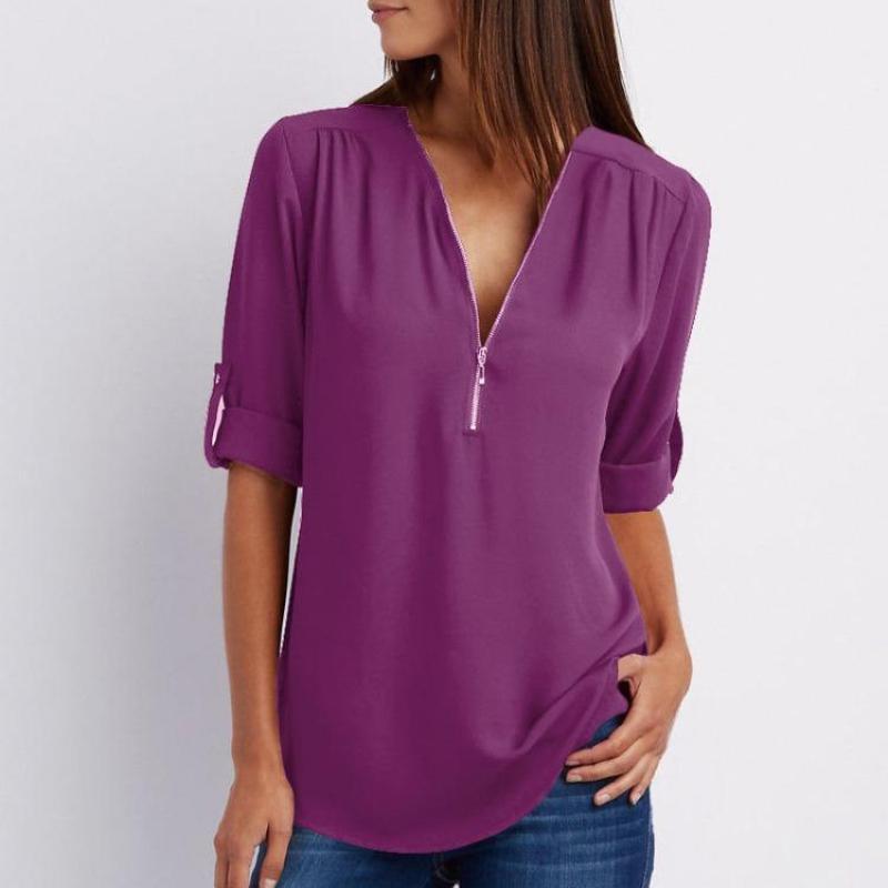 Shirt V-neck Zipper Plus Size Women's Long Sleeved Loose Chiffon Shirt with Adjustable Sleeves