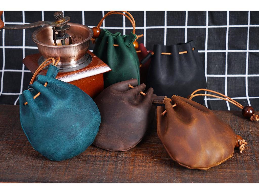 Vintage Leather Cowhide Drawstring Coin Purse - Small Clutch Wallet