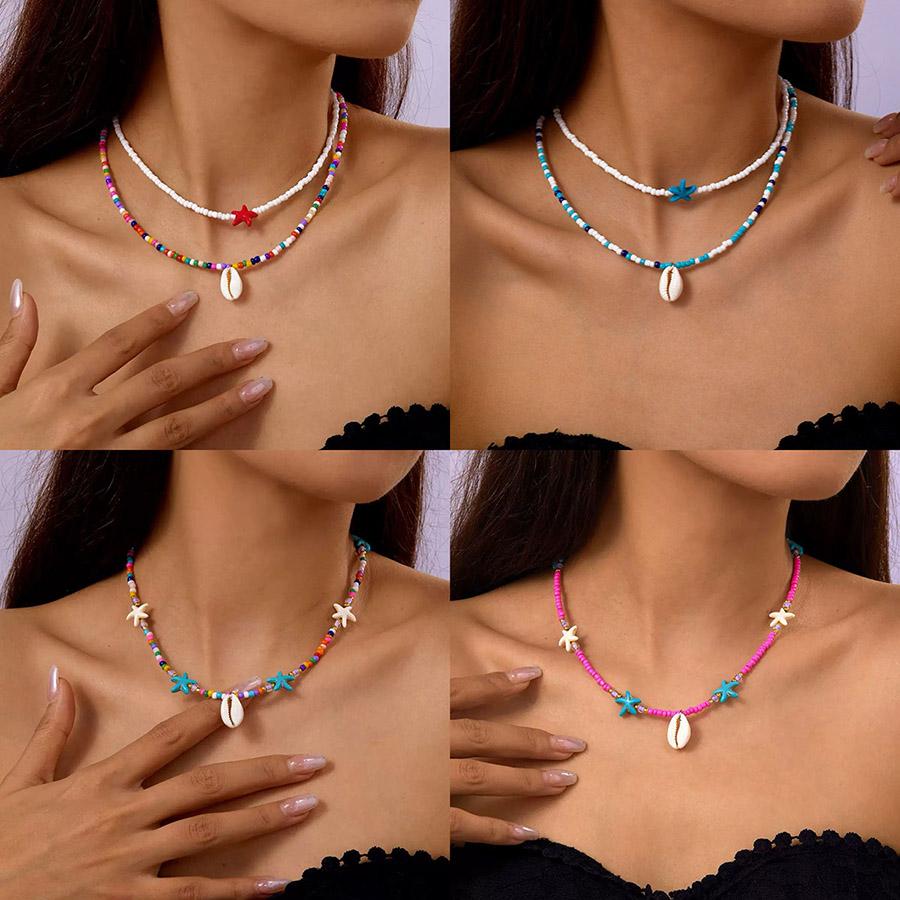 Noter New Bohemia Women Necklace Ocean Style Shell Starfish Short Collar Seed Beads Choker Colar Leisure Versatile Accessories