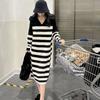 Black and White Striped Lapel Sweater Dress Women Autumn 2023 Loose Bottomed Woolen Dress Long Sleeve Pullover Sweater Female