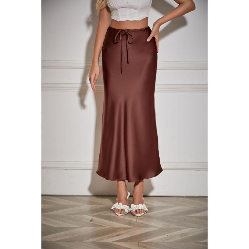 Satin High Waist Drawstring Tie Solid Color Halter Skirt