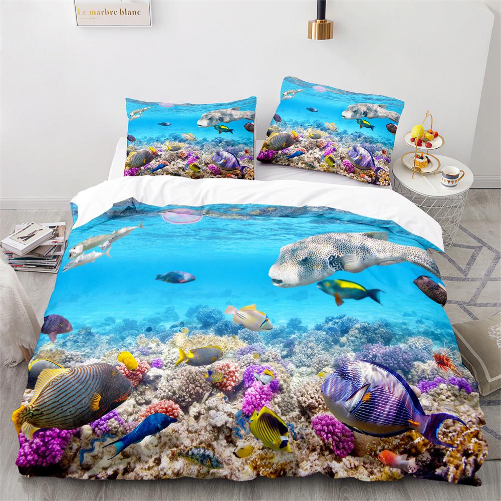 Пододеяльник Подводный мир Кинг Квин Синий Океан Акула Комплект постельного белья для детей Морское животное Коралл Рыба 2/3 предмета Полиэстер Пододеяльник