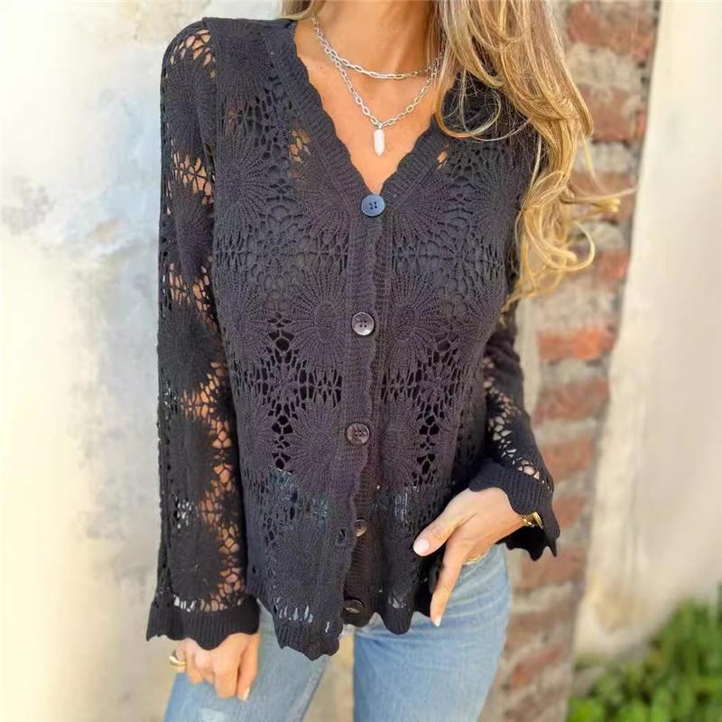 Summer New Style Ladies Blouse Shirt European And American Women's Sexy Lace Hollow Lace V Neck Long Sleeved Blouse