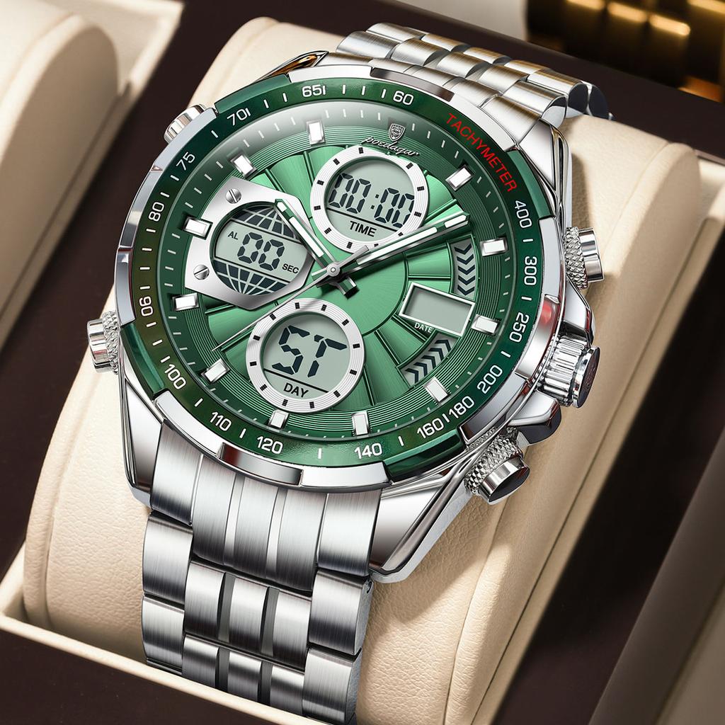 POEDAGAR E108 Fashion Men's Watches Luxury Stainless Business Quartz Digital Wristwatch Waterproof Man LED Dual Display Watch