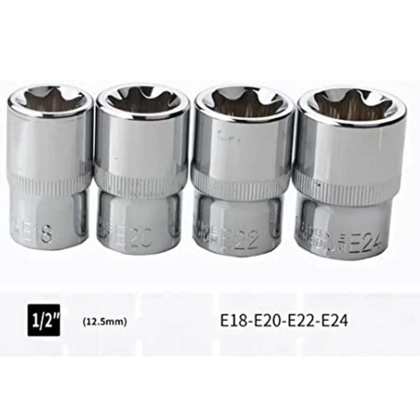 14 Pcs E-Torx Hexagonal Plum Socket Set with Case 1/4, 3/8, 1/2 In Drive Female External Star Socket Set E4-E24 Torque Sockets