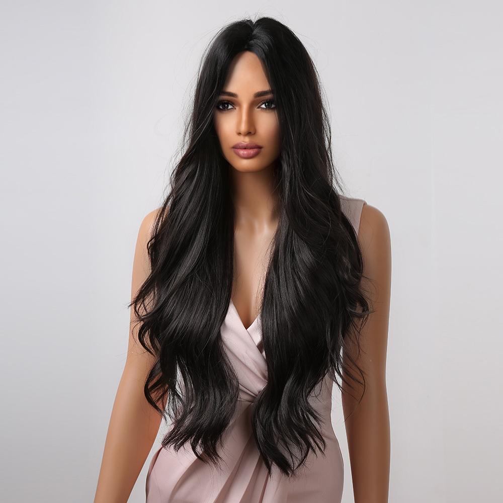 Long Black Synthetic Wigs Middle Part for Black Women Wavy Cosplay Hair Wigs Heat Resistant Fiber
