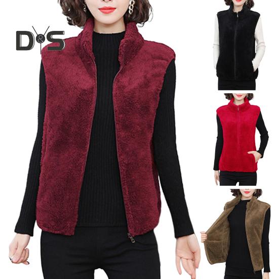 Женский осенне-зимний однотонный плюшевый жилет с воротником-стойкой, карманы без рукавов, карманы на молнии, утолщенный двухсторонний флисовый жилет, пальто