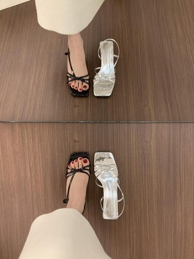 Fashion 2025 New Elegant French Summer High Heels Nude Pink Cat Heel Square Head Vintage Roman Sandals Rubber Sole Microfiber Materia