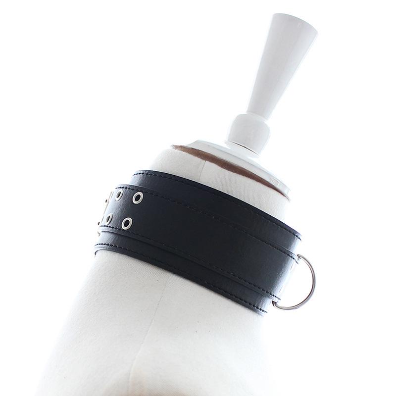 Черный кожаный BDSM ошейник с двухрядной пряжкой-булавкой и поводком