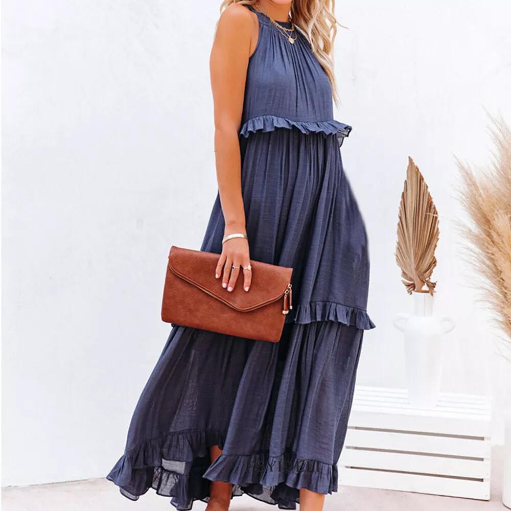 Женское длинное платье макси в стиле бохо с рюшами, летний праздничный пляжный сарафан без рукавов