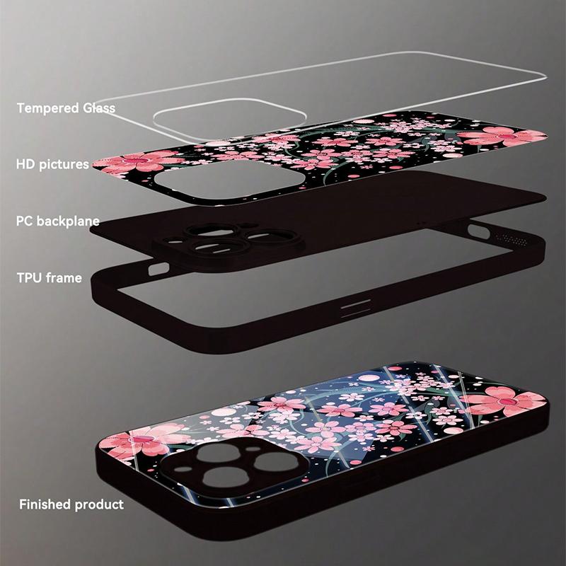 Чехол из закаленного стекла с розовым цветочным узором сакуры для iPhone 17 16 15 14 13 12 11 Pro Max 17Air 16E 7 8 Plus XR XS X