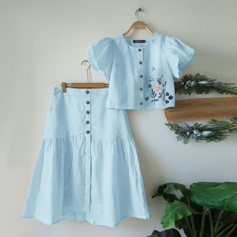 ZANZEA Женские летние комплекты с круглым вырезом, коротким рукавом и цветочным принтом, рубашка с карманом и юбкой-трапецией