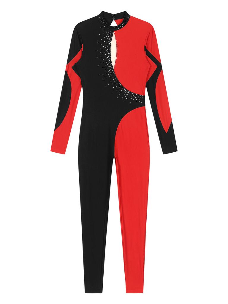 Женский гимнастический костюм для фигурного катания, танцевальный костюм контрастного цвета, лоскутный комбинезон, блестящие стразы, боди с длинным рукавом и замочной скважиной на спине