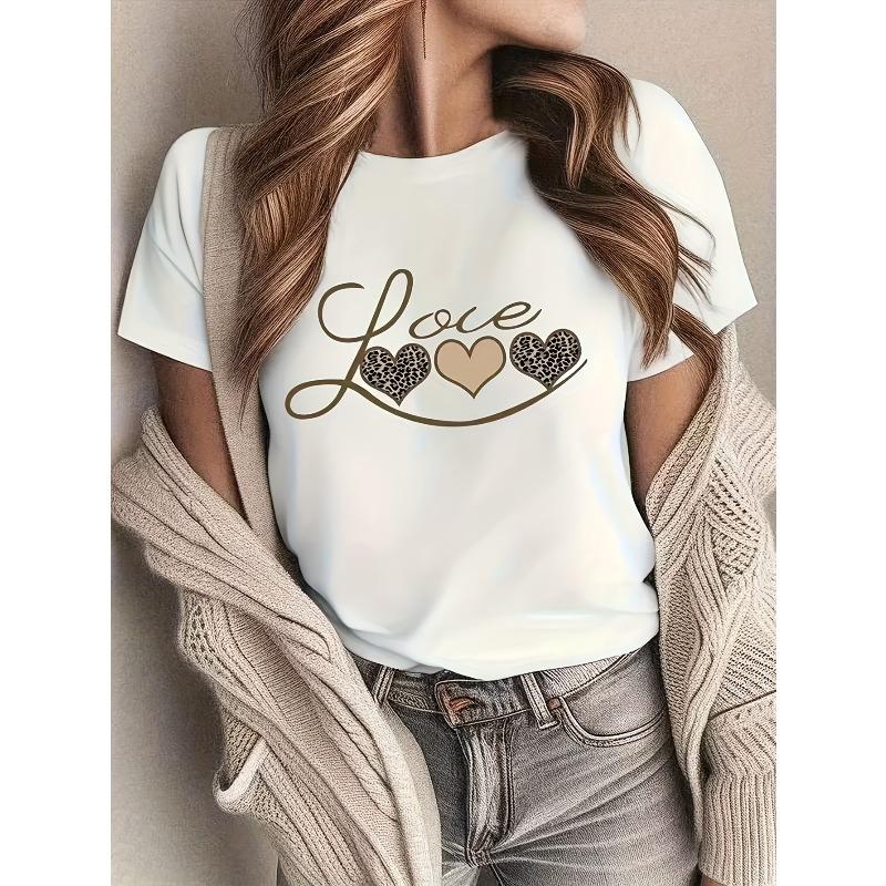 Женская футболка с леопардовым принтом в форме сердца Популярный выбор Повседневная с круглым вырезом Обычная посадка Летний топ с коротким рукавом