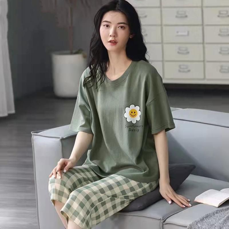 Lounge Sleepwear O-Neck Sleeping Breathable Girls Summer Cartoon Print T-shirt Crop Pants Set Daily Wear