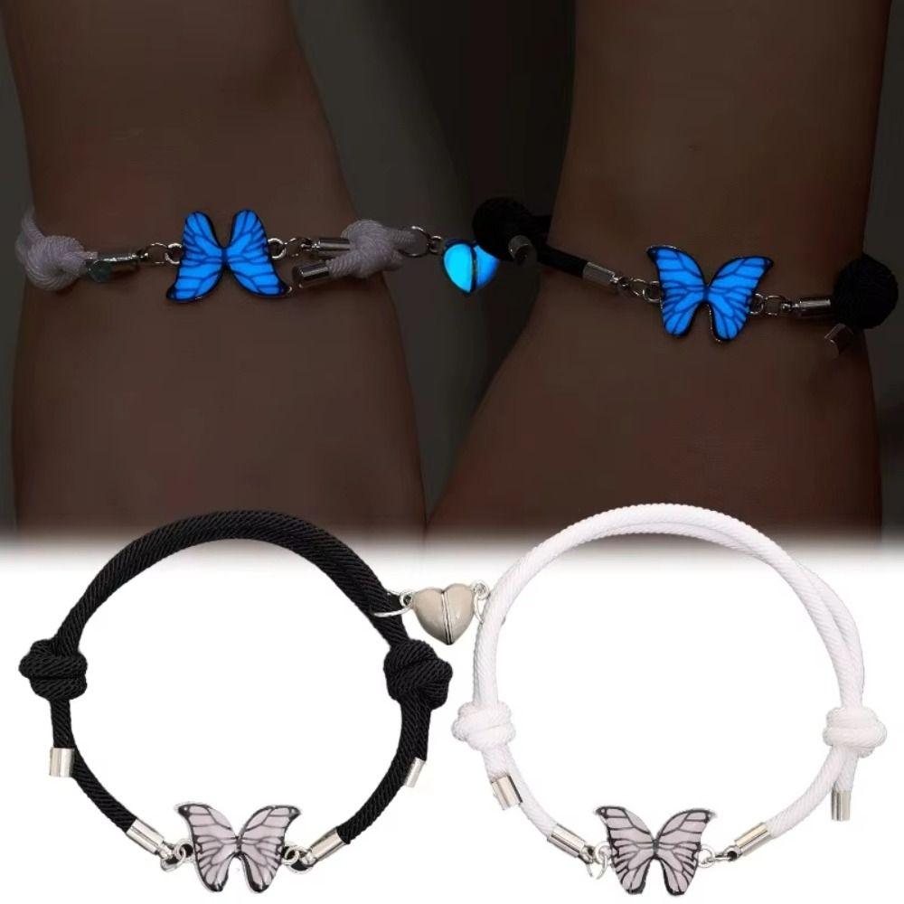 2Pcs/Set Pendant Couple Bracelets Butterfly Heart Beaded Bracelet Creative Magnetic Bracelets Lover