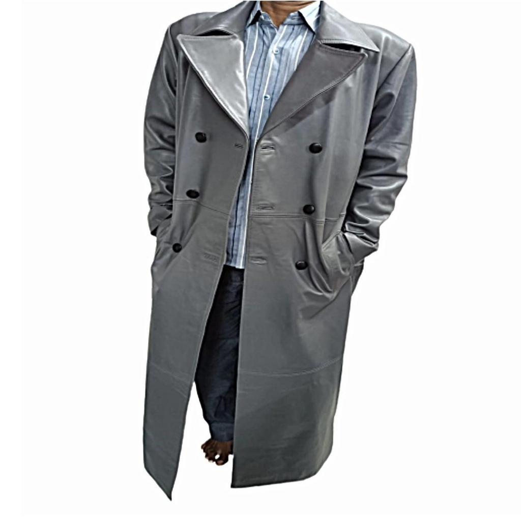 Мужская серая кожа из натуральной коровьей кожи, двубортный стиль, ремень воскового загара, длинная уличная одежда, плащ, длинный стильный плащ, подарок для мужчин
