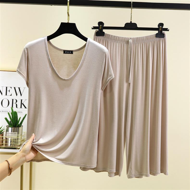Женский повседневный комплект из двух предметов: Модальная футболка с U-образным вырезом и брюки с высокой посадкой, завязкой на талии и широкими штанинами
