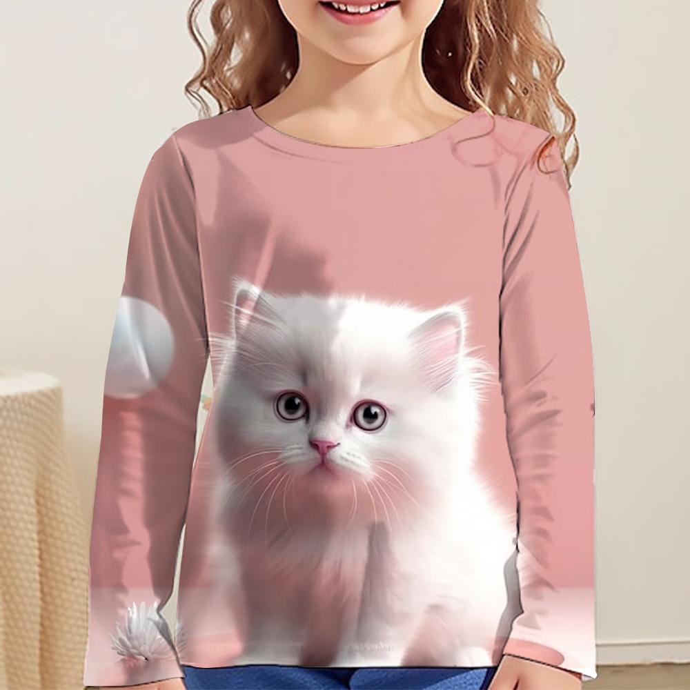 Одежда для девочек Футболка с котами Футболки с длинным рукавом Футболки с девчачьим принтом Топы Детская одежда Модная принтовая летняя одежда для девочек