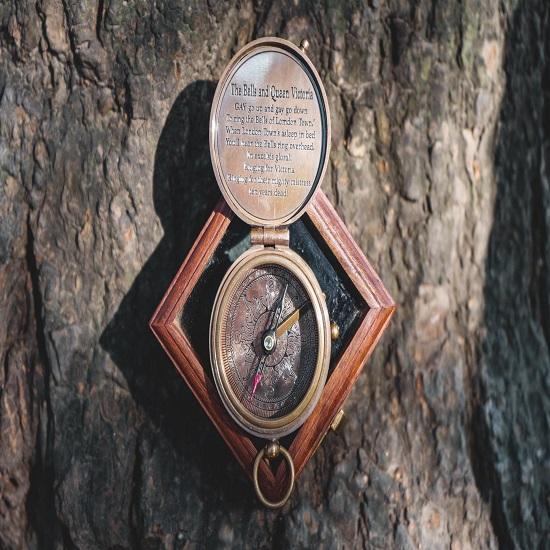 Handmade Brass Victorian Pocket Compass with Wood Box
