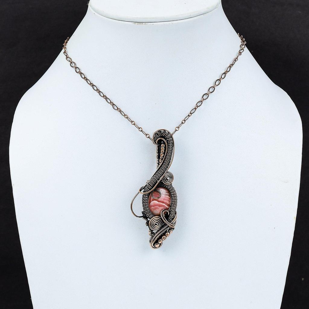 Родохрозитовый кулон, обернутый медной проволокой, изящный кулон, родохрозит, ювелирное изделие, драгоценный камень, кулон, сделанный вручную из меди, свадебный подарок