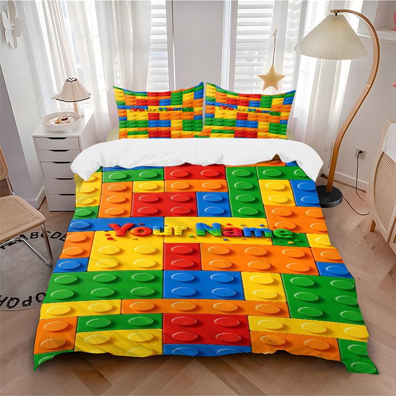 Custom Name Blocks Bedding 3 Piece Set HD Print Duvet Cover Pillowcases for Teens Adult Home Bedroom Decoration Christmas Gift