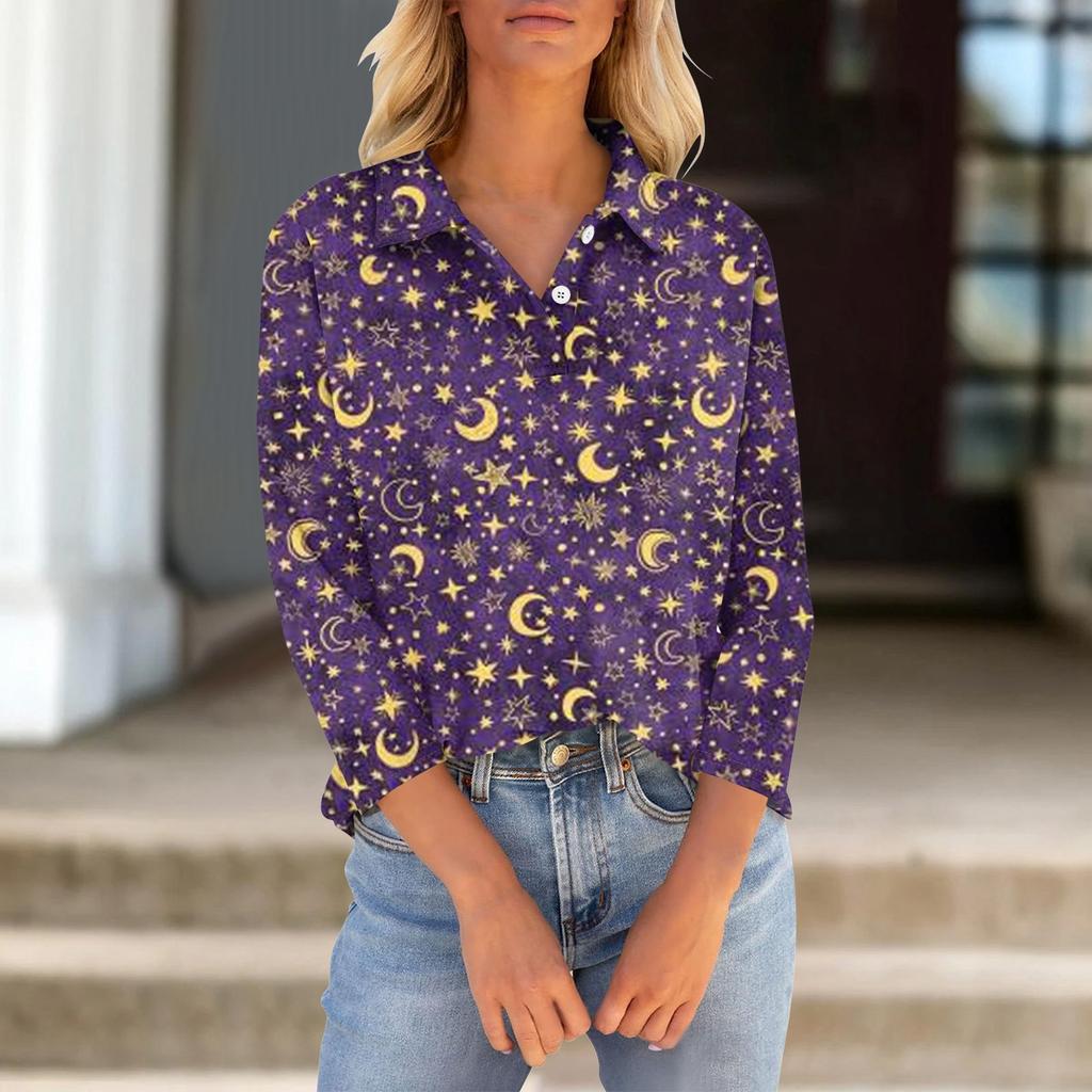 Women's Seven Quarter Sleeved T-shirt V-neck Button Up Shirt With Printed Loose Top For Halloween