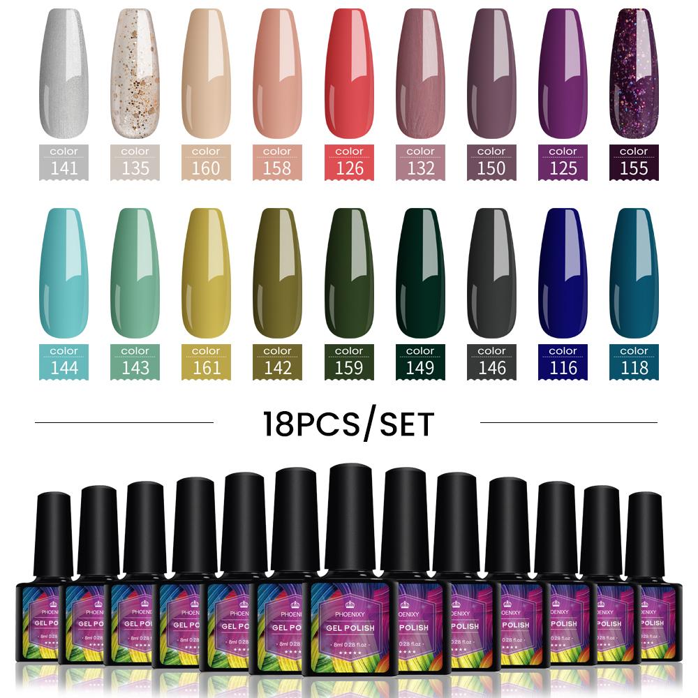 PHOENIXY, 4/12/18 цветов, набор гель-лаков для ногтей, набор гель-лаков для замачивания, маникюр, полупостоянные гибридные лаки, основа и верхний дизайн ногтей