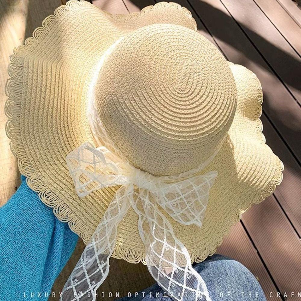 French Style Lace Straw Hat Spring Summer Women's Sun Hat Elegant Bow Ribbon Straw Hat  Outdoor