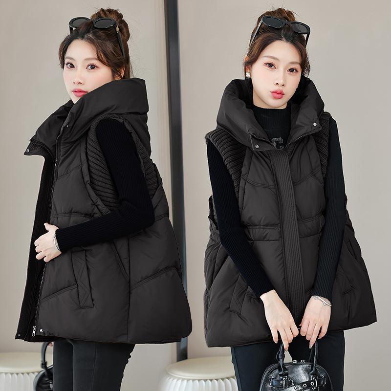 A-word Vest Down Cotton Padded Jackets Short Waistcoat Mid-Length Slim Hooded Autumn Winter Jackets Solid Women's Coats