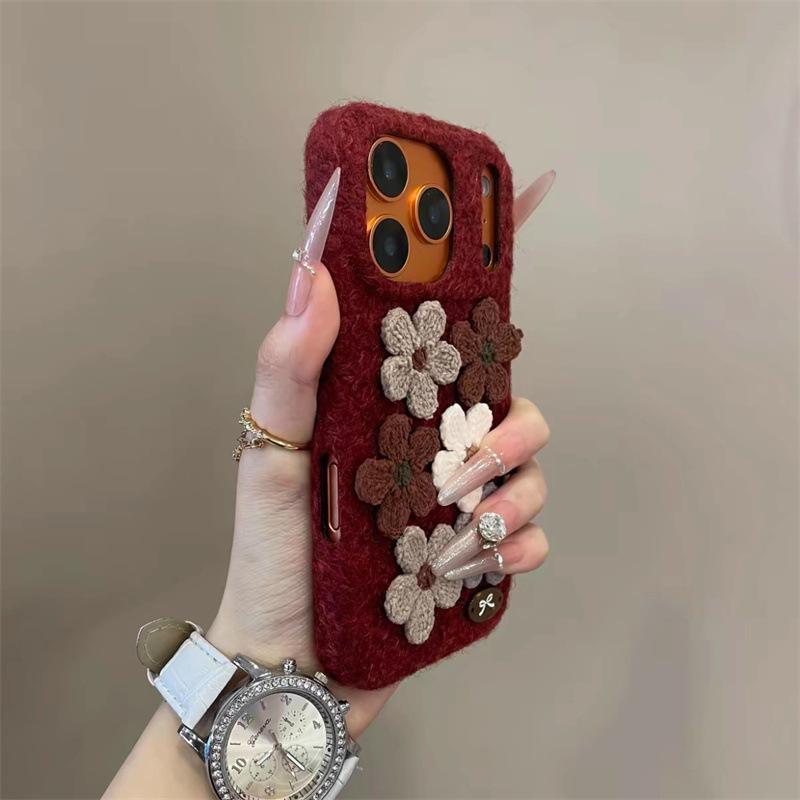 Осень и зима, плюшевые вязаные цветы для чехла мобильного телефона iPhone17Pro Apple 16Pro ретро 15Pro