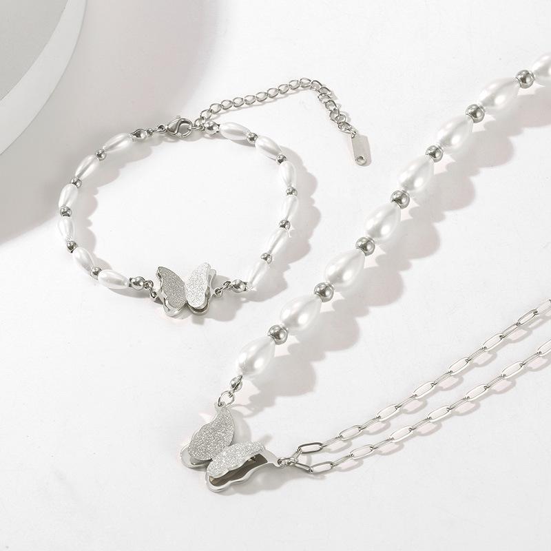 New Popular Fashion Does Not Fade Jewelry Stainless Steel 18K Gold Plated Butterfly Pearl Pendant Necklace for Women