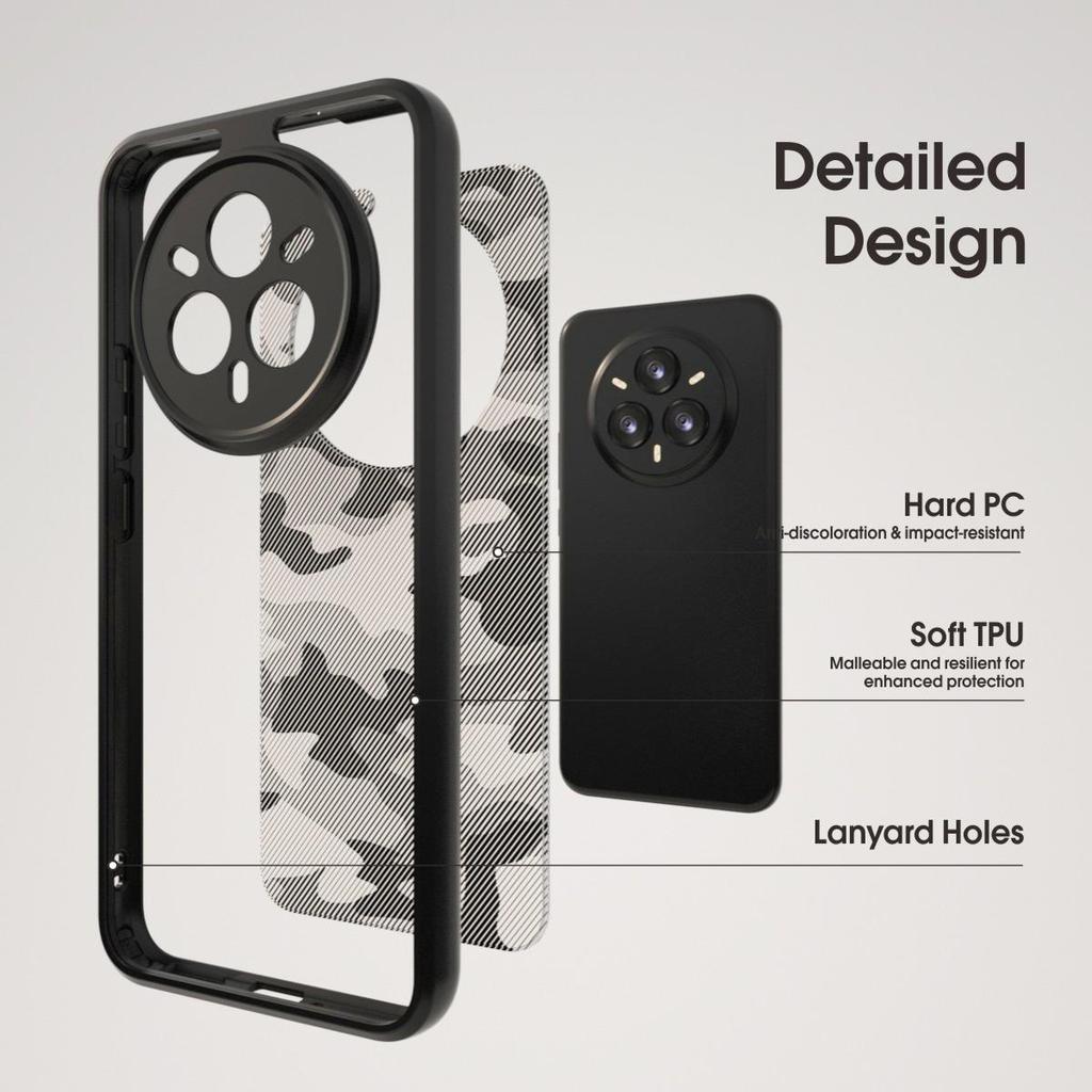 (В комплекте ремешок на запястье)IBMRS для чехла Realme 14 Pro, Предотвращает случайные падения Нескользящий Не желтеющий Камуфляжный Прозрачный Чехол для телефона