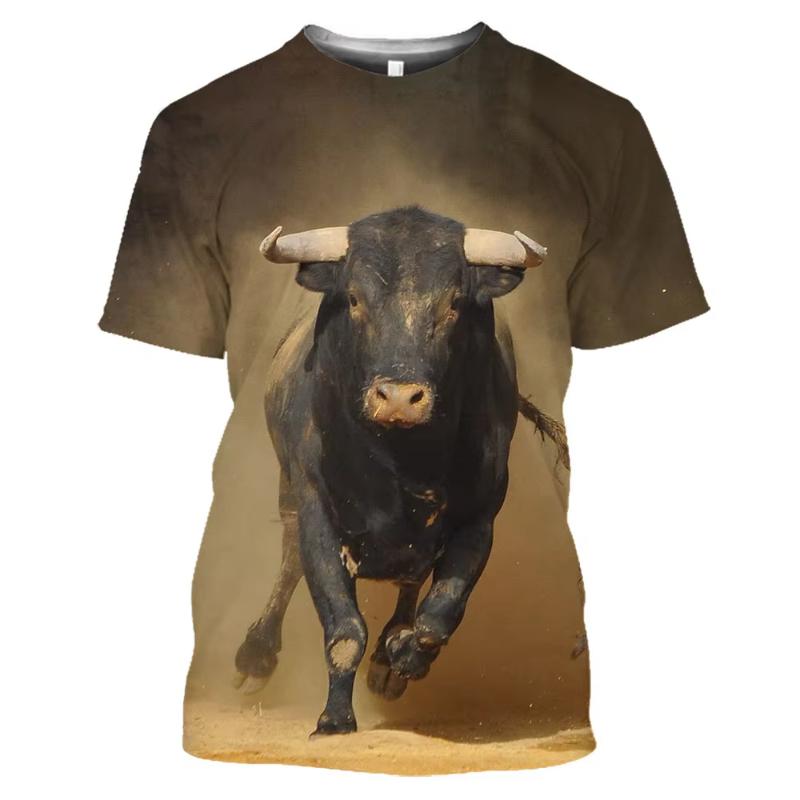 Bull Head Animal 3D Printed T-shirt, Realistic Cattle Portrait Graphic Short Sleeve Casual Streetwear Top