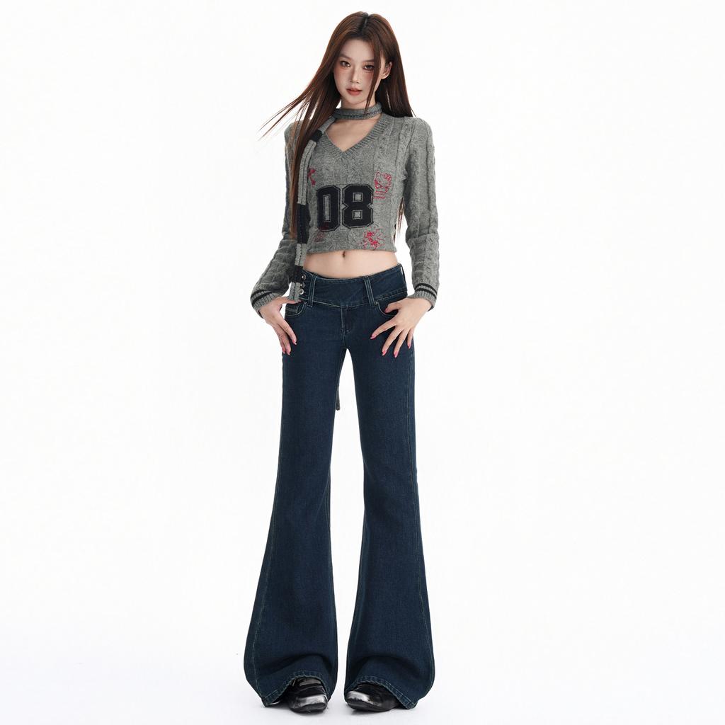 American retro design waist slightly pulled jeans women's autumn and winter new legs high waist flared pants women